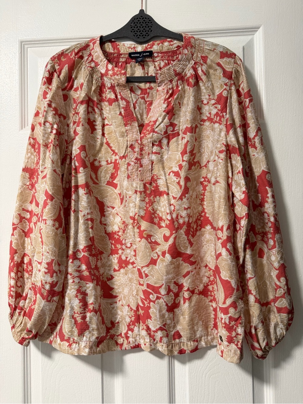 Nautica Jeans Women’s Small Floral Peasant Blouse Coral Boho Long Sleeve Top - Picture 2 of 10